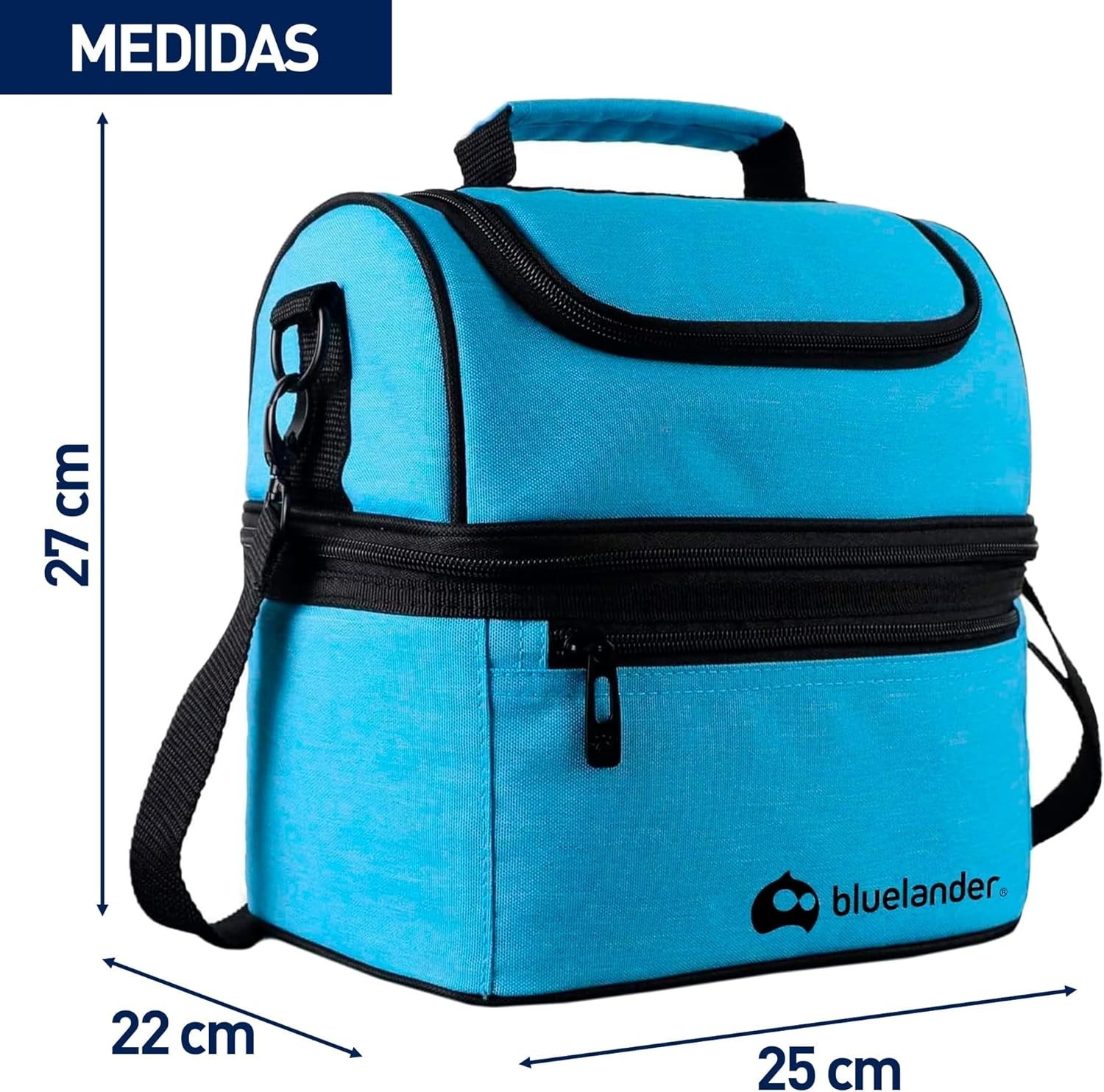 Lonchera Port&aacute;til de Dos Pisos con Aislamiento T&eacute;rmico, Correa Ajustable, Azul Capri, Bluelander image number null