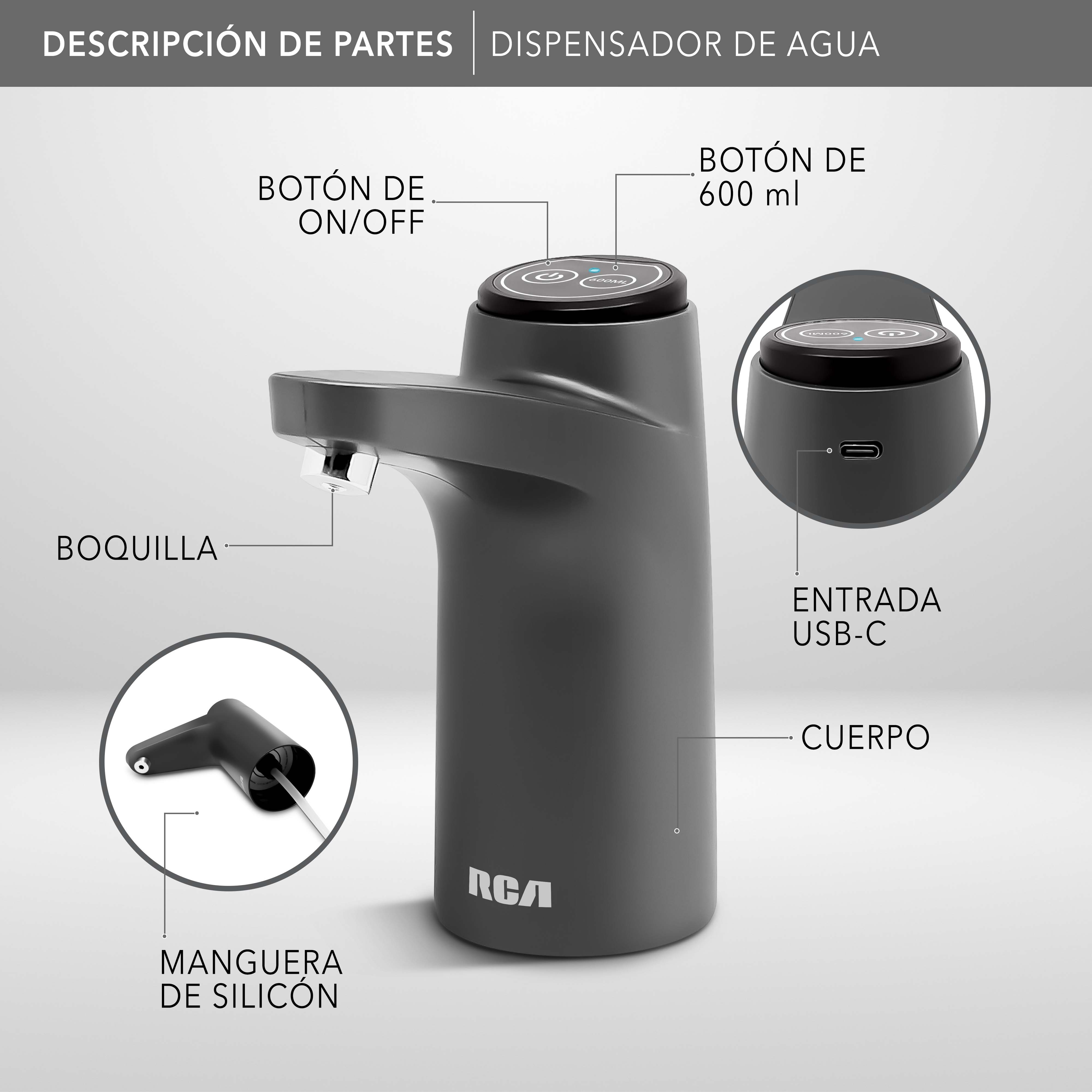 RCA Dispensador de Agua RC-WD2 El&eacute;ctrico, Compatible con Garraf&oacute;n, Funci&oacute;n de 600 ml. image number null