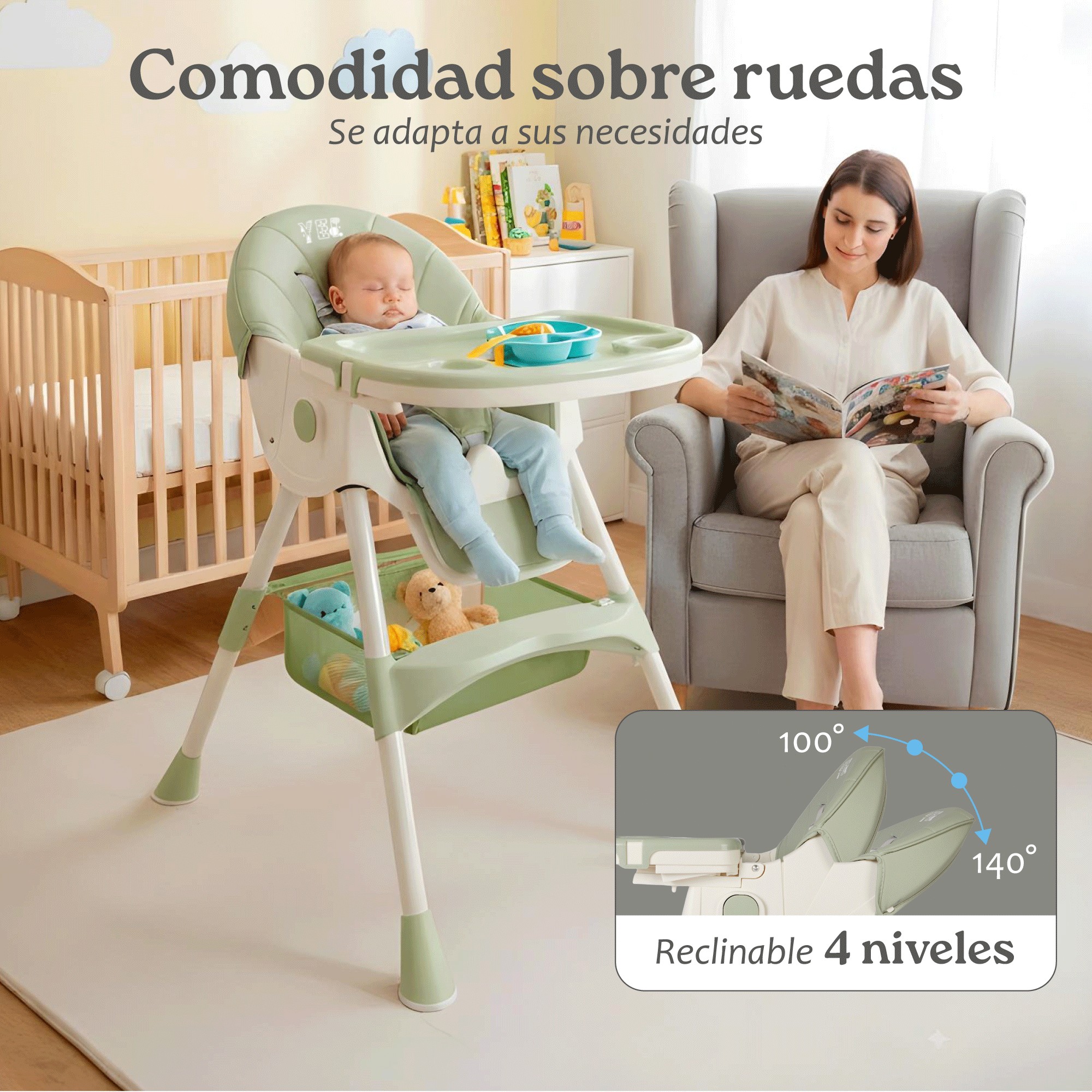Silla Alta para Beb&eacute; YEI Verde, 6 en 1, Plegable, 2 Alturas, 5 Puntos de Seguridad image number null