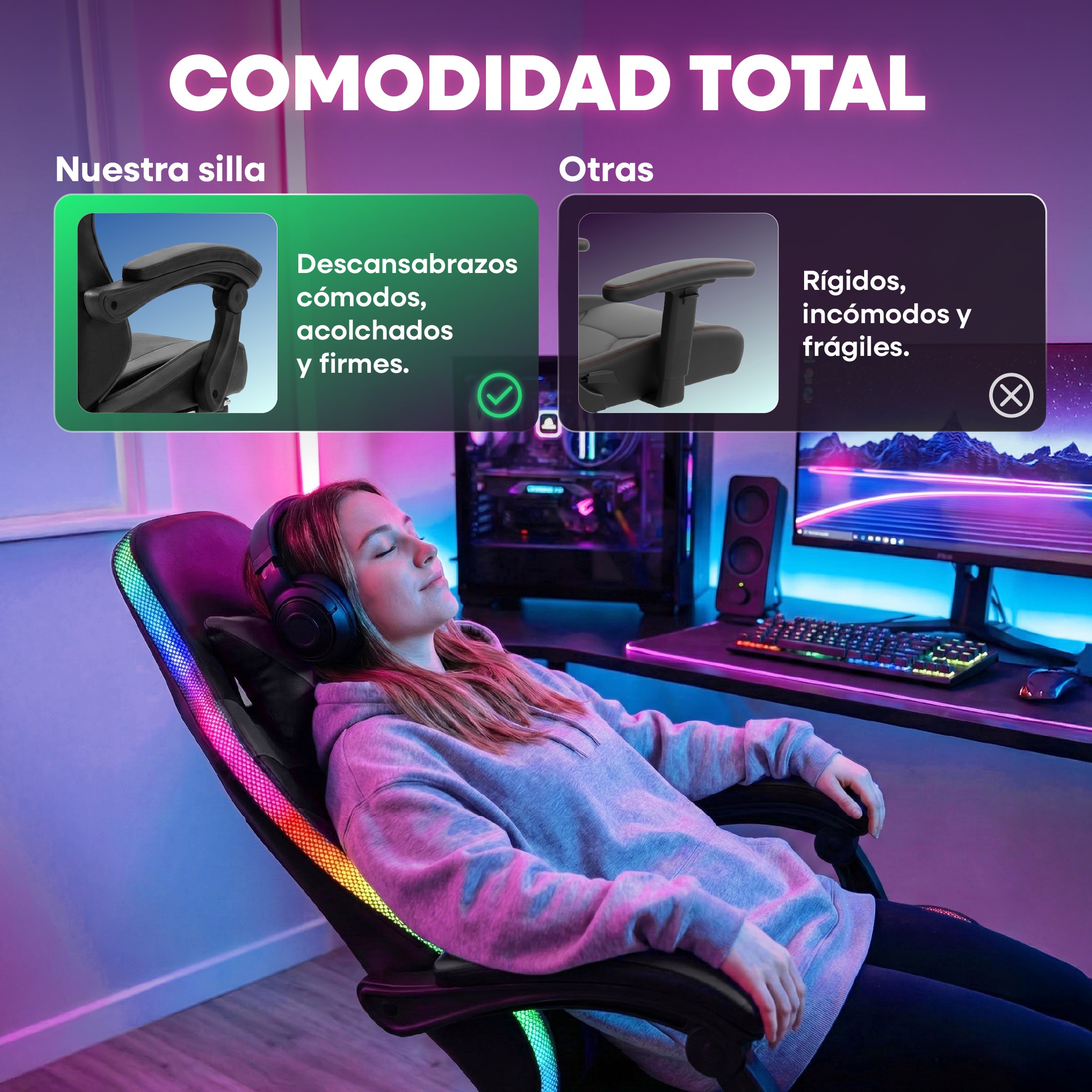 Silla Gamer Titano Negra con Reposapi&eacute;s Luz LED Reclinable 90&deg; a 150&deg; y Soporte Lumbar image number null