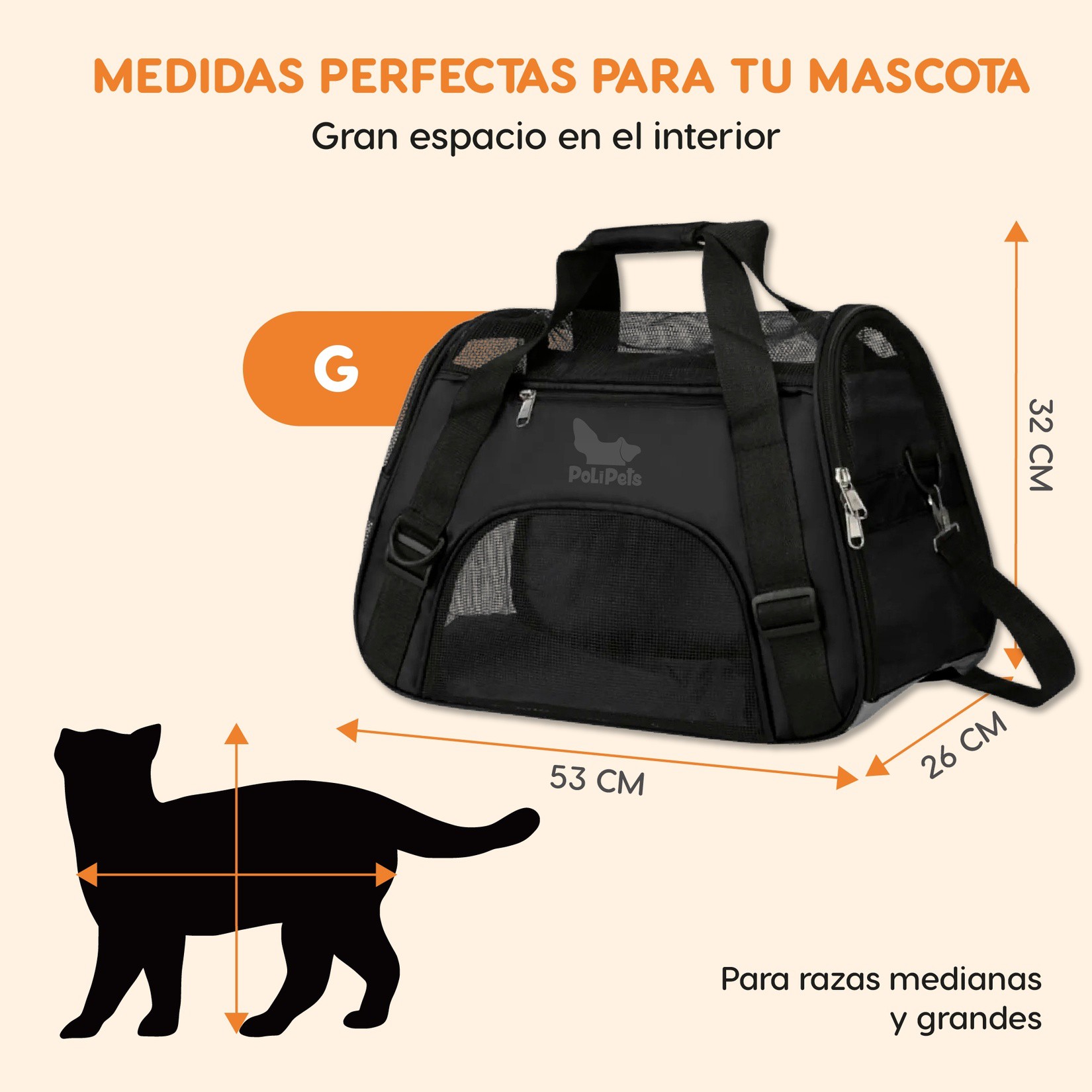 Transportadora para Mascotas Poli Pets Negra Mediana, Soporta 7 kg, con Ventanas de Malla, Correa Ajustable y Almohadill image number null