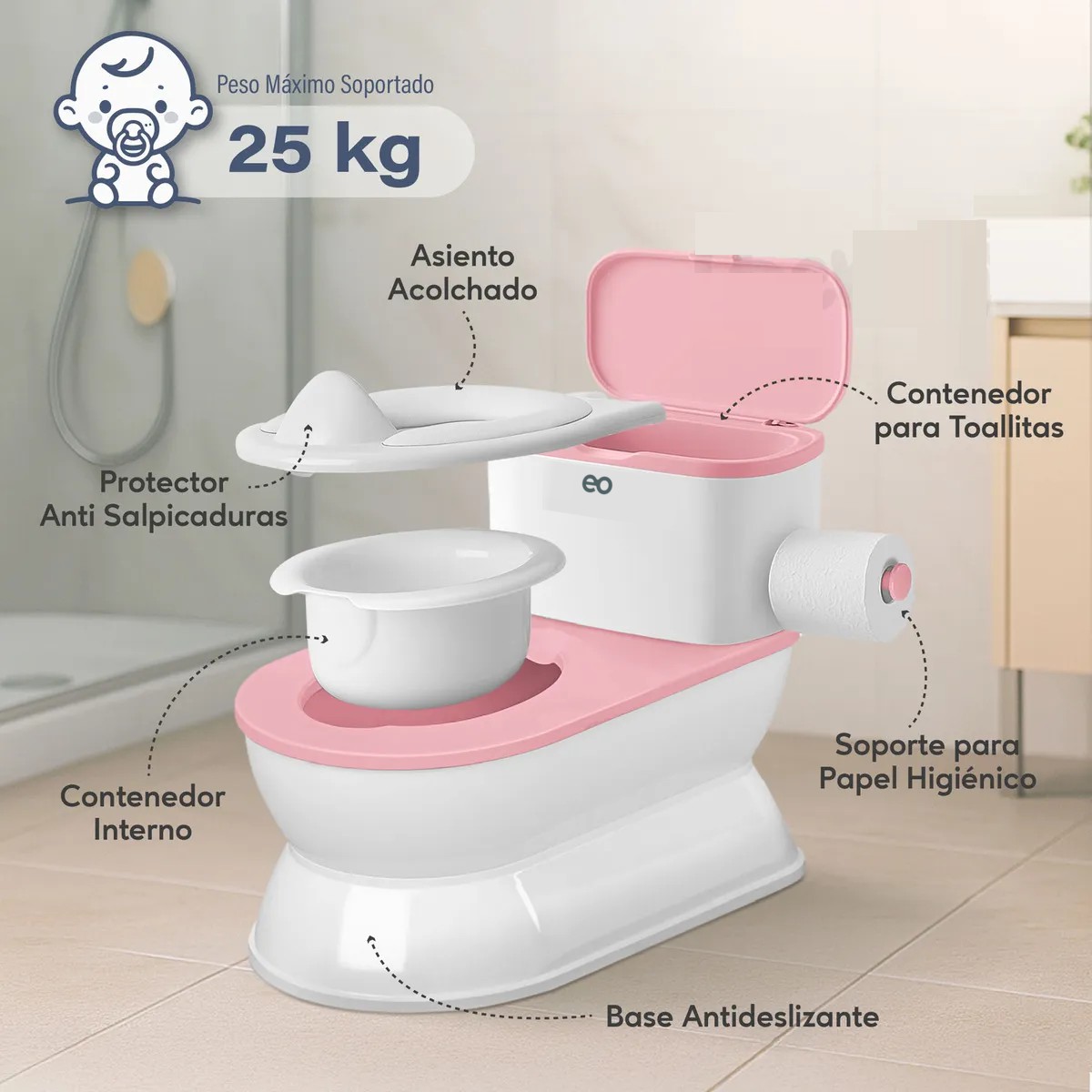 Ba&ntilde;o para Beb&eacute; entrenador con sonido porta papel higi&eacute;nico Blanco con Rosa image number null