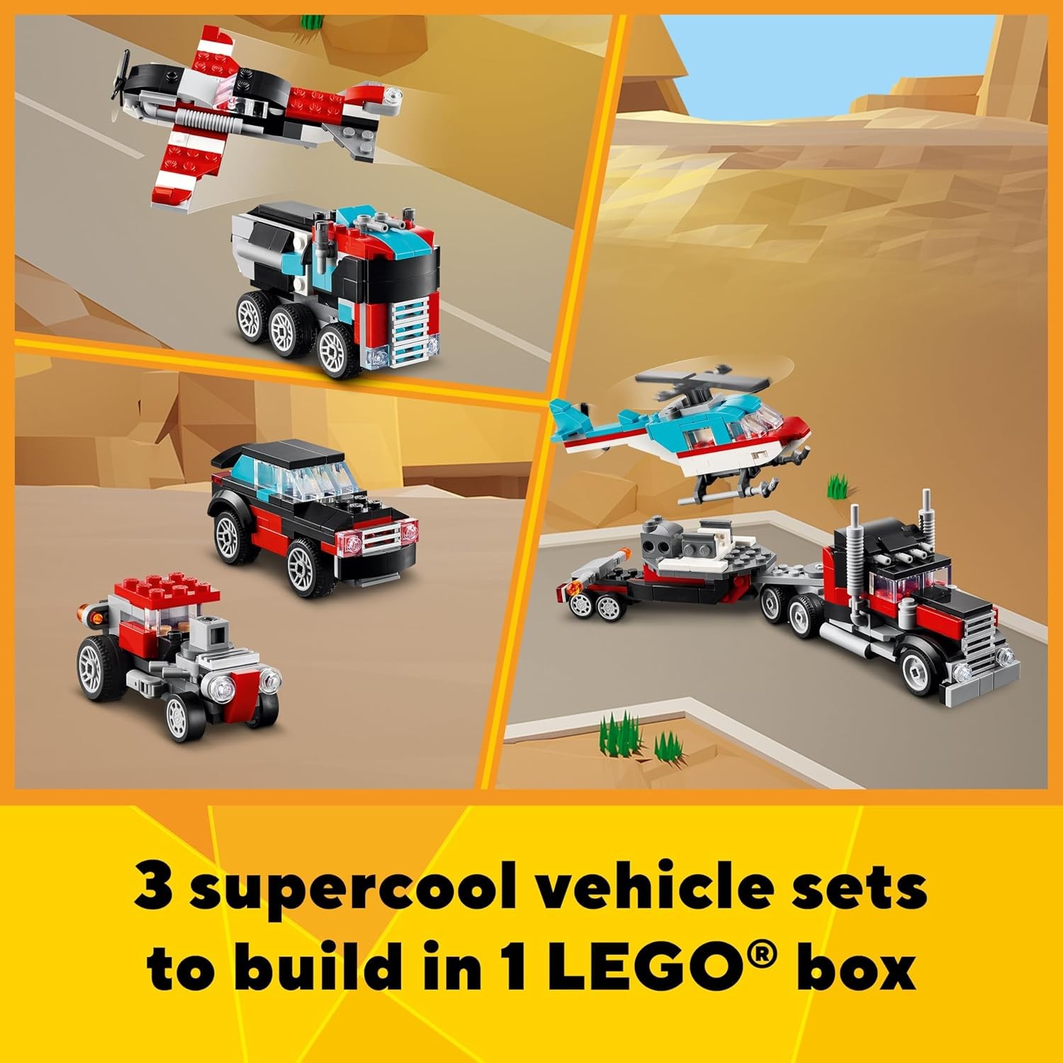 LEGO Creator 3 en 1 Cami&oacute;n Plataforma Con Helic&oacute;ptero 270 Piezas COLOR MULTICOLOR Desde 7 A&ntilde;os Modelo 31146 image number null