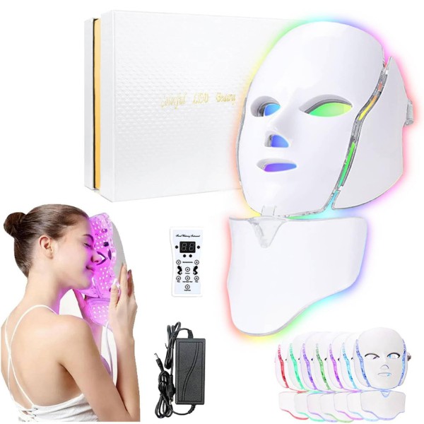 Mascara LED Facial y Cuello 7 Colores Con Control Remoto Rejuvenecedora Terapia de Luz para Arrugas Acn&eacute; y Manchas image number null