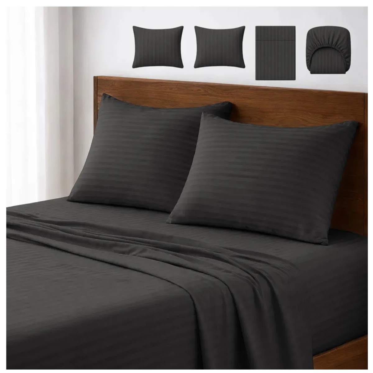 Juego de S&aacute;banas Matrimonial 3000 Hilos Suave Dise&ntilde;o Rayado 4 Piezas Negro image number null