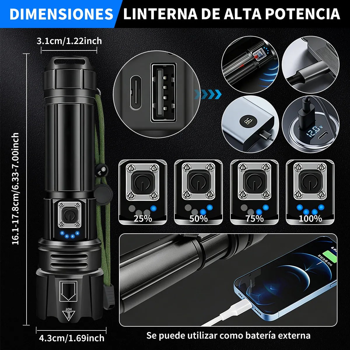 L&aacute;mpara T&aacute;ctica Led Recargable 200000lm Luz Blanca estuche negro image number null
