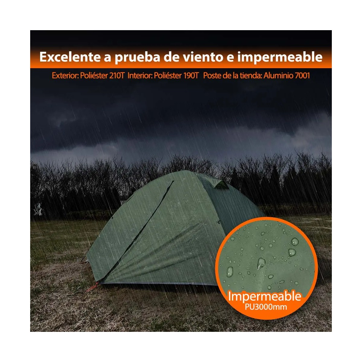 Tienda de Campa&ntilde;a Impermeable para 2 Personas Color Verde Oscuro image number null