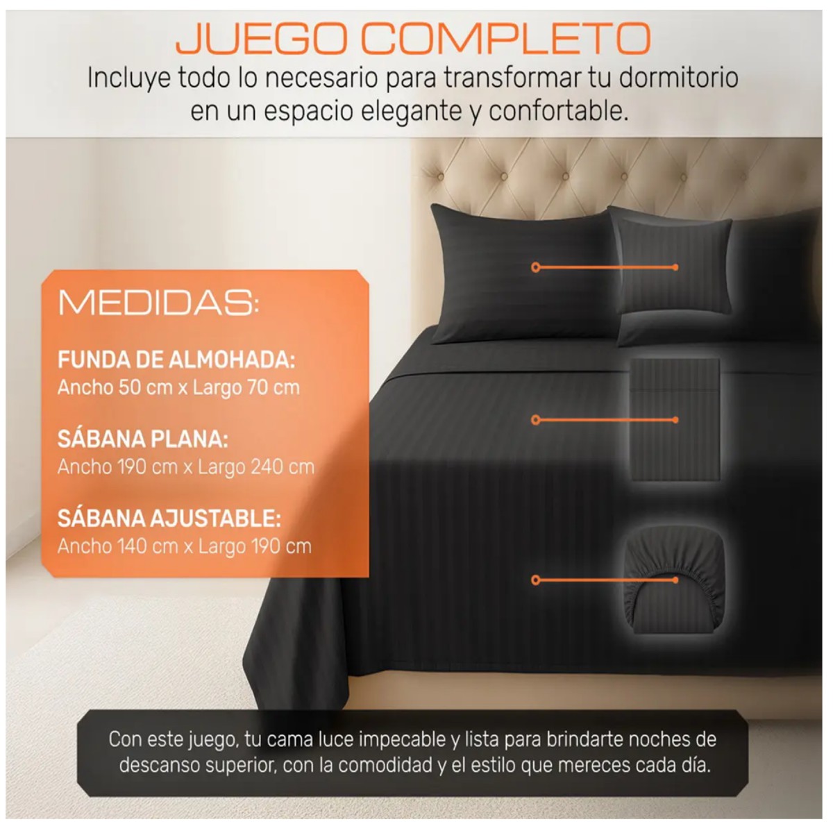 Juego de S&aacute;banas Matrimonial 3000 Hilos Suave Dise&ntilde;o Rayado 4 Piezas Negro image number null