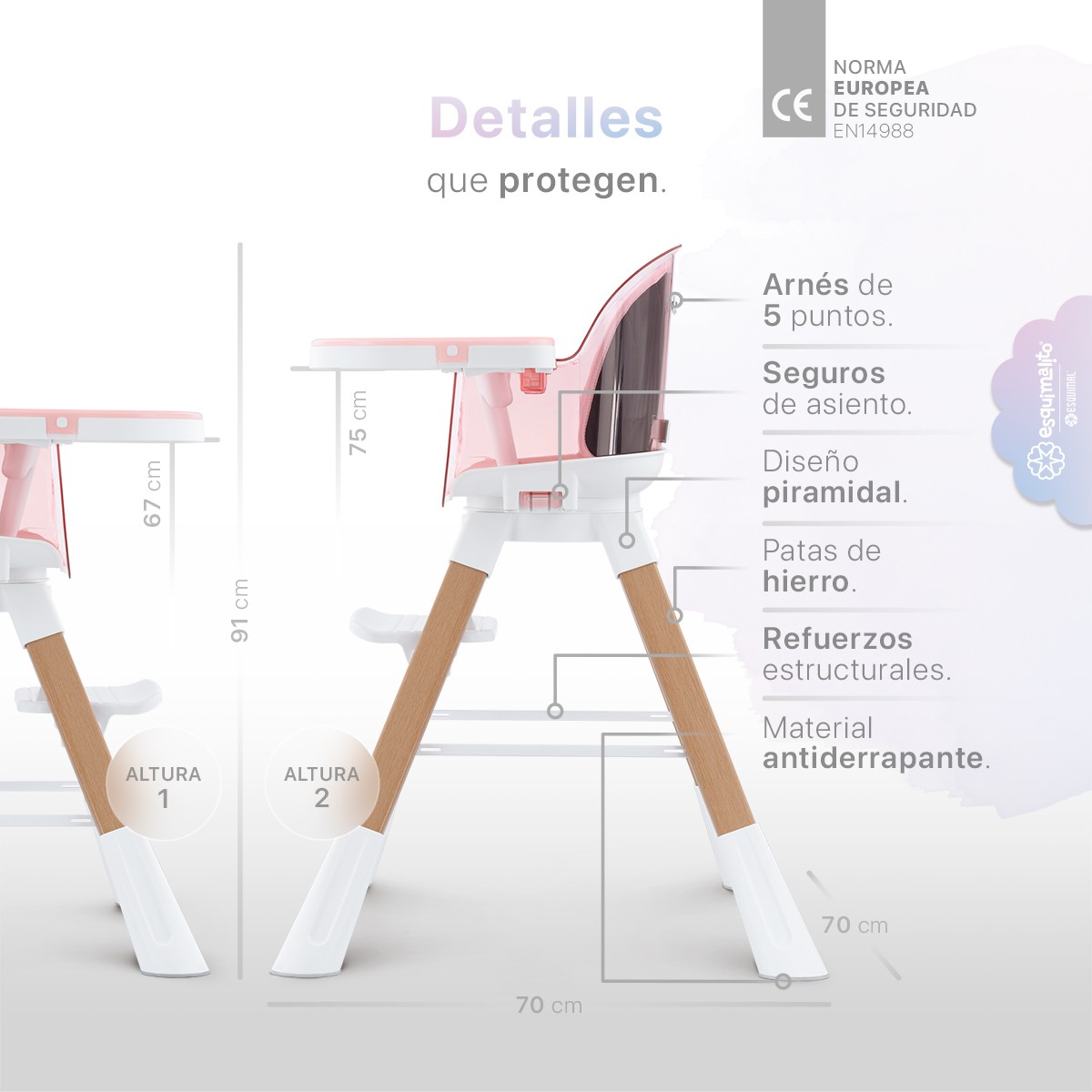 Periquera para Beb&eacute; 3 en 1, Silla Alta con Charola Desmontable, Asiento 360&deg;, Altura Ajustable, Color Rosa Esquimal image number null