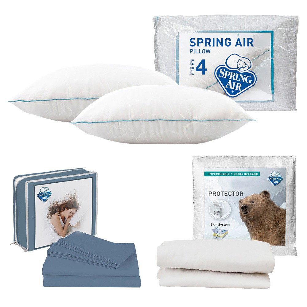 Protector Queen Size Spring Air Ultra Blanco + S&aacute;banas Spring Air Basic Azul + 2 Almohadas Spring Air Osos image number null