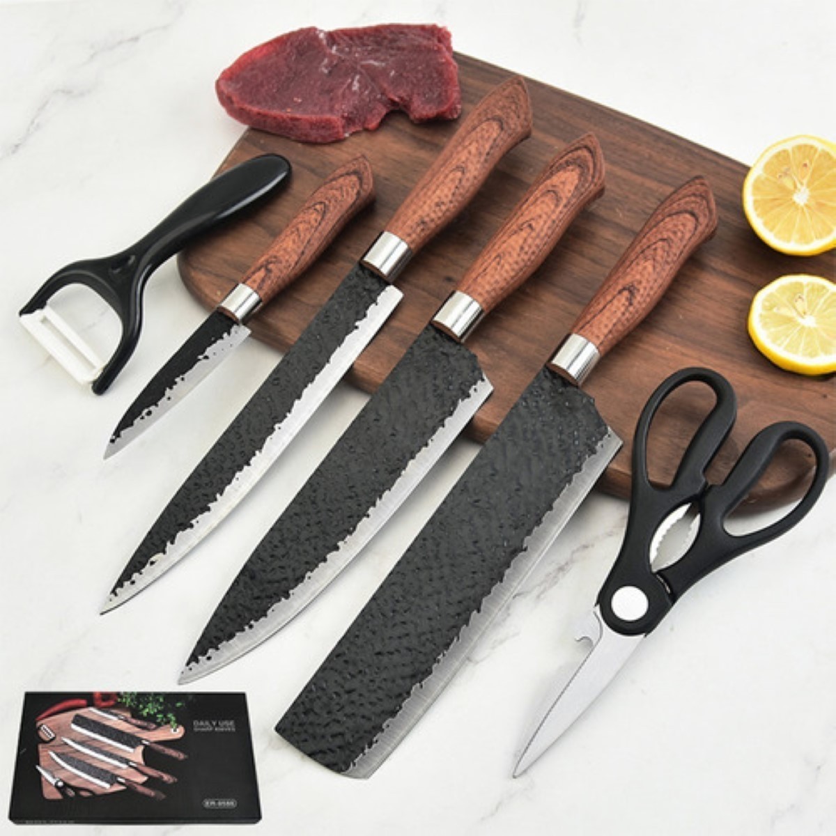 Cuchillos De Cocina De Acero Inoxidable Y Peladorjuego De 6 pzs Plata/ Marron image number null