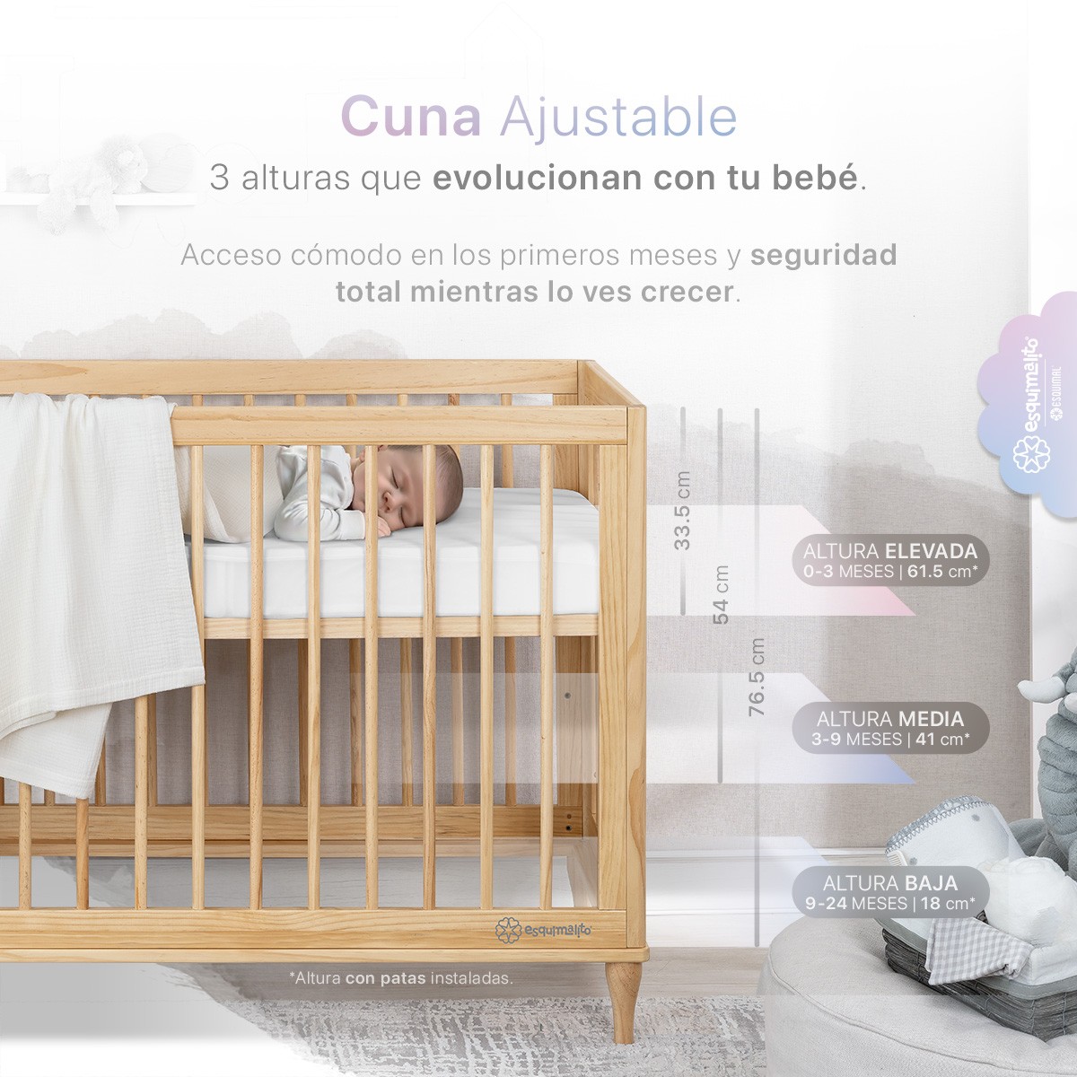 Cuna de Madera Convertible 3 en 1 - Cuna, Cama Montessori y Sill&oacute;n con Altura Ajustable y Barandal (Natural). ESQUIMAL image number null