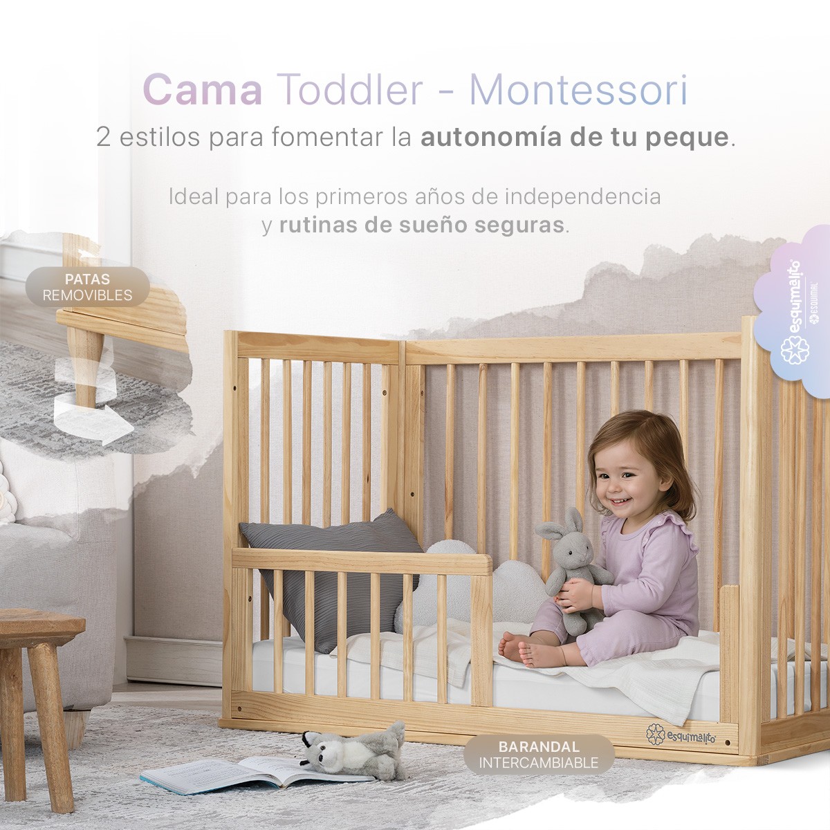 Cuna de Madera Convertible 3 en 1 - Cuna, Cama Montessori y Sill&oacute;n con Altura Ajustable y Barandal (Natural). ESQUIMAL image number null