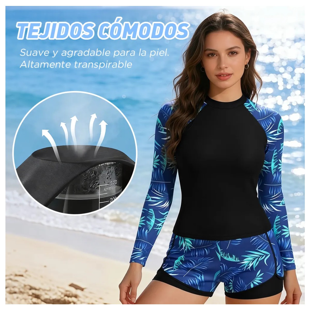 Traje De Ba&ntilde;o Manga Larga Sexy Para Mujer Azul Talla S image number null