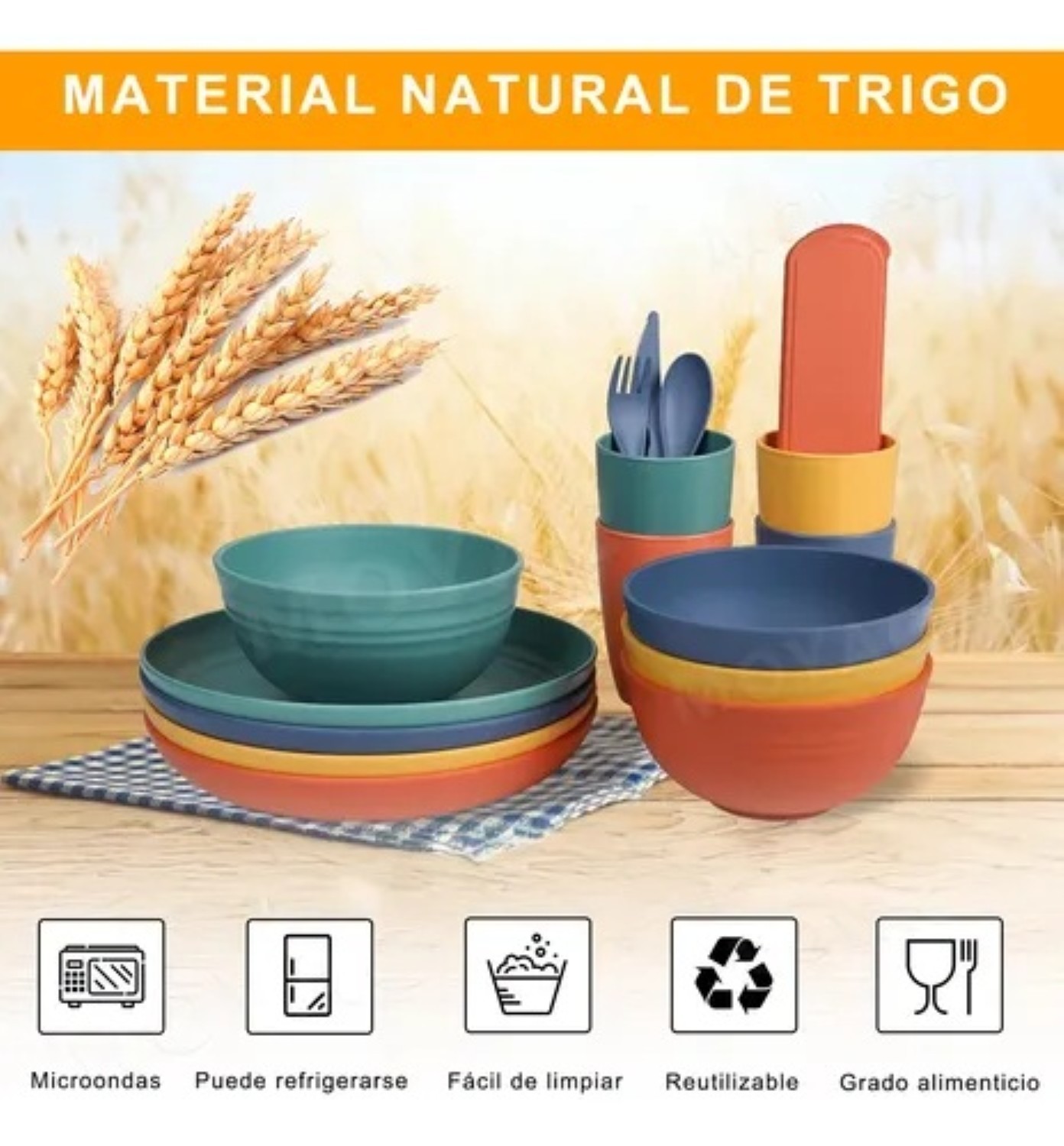 44pzs Vajilla Juego Color Cocina Paja Trigo Plato Tazas Kit colores image number null