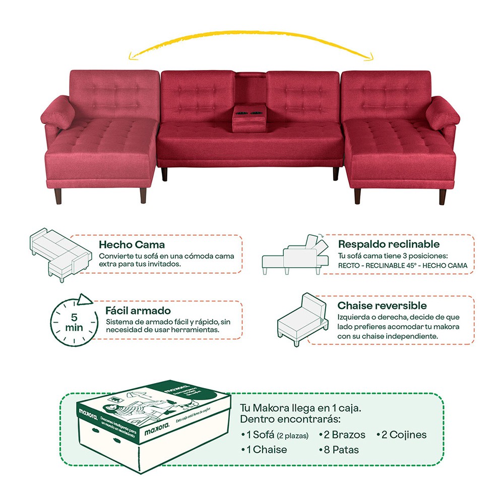 Sof&aacute; Cama Makora Meraki Color Rojo Respaldo Reclinable de 3 Posiciones image number null