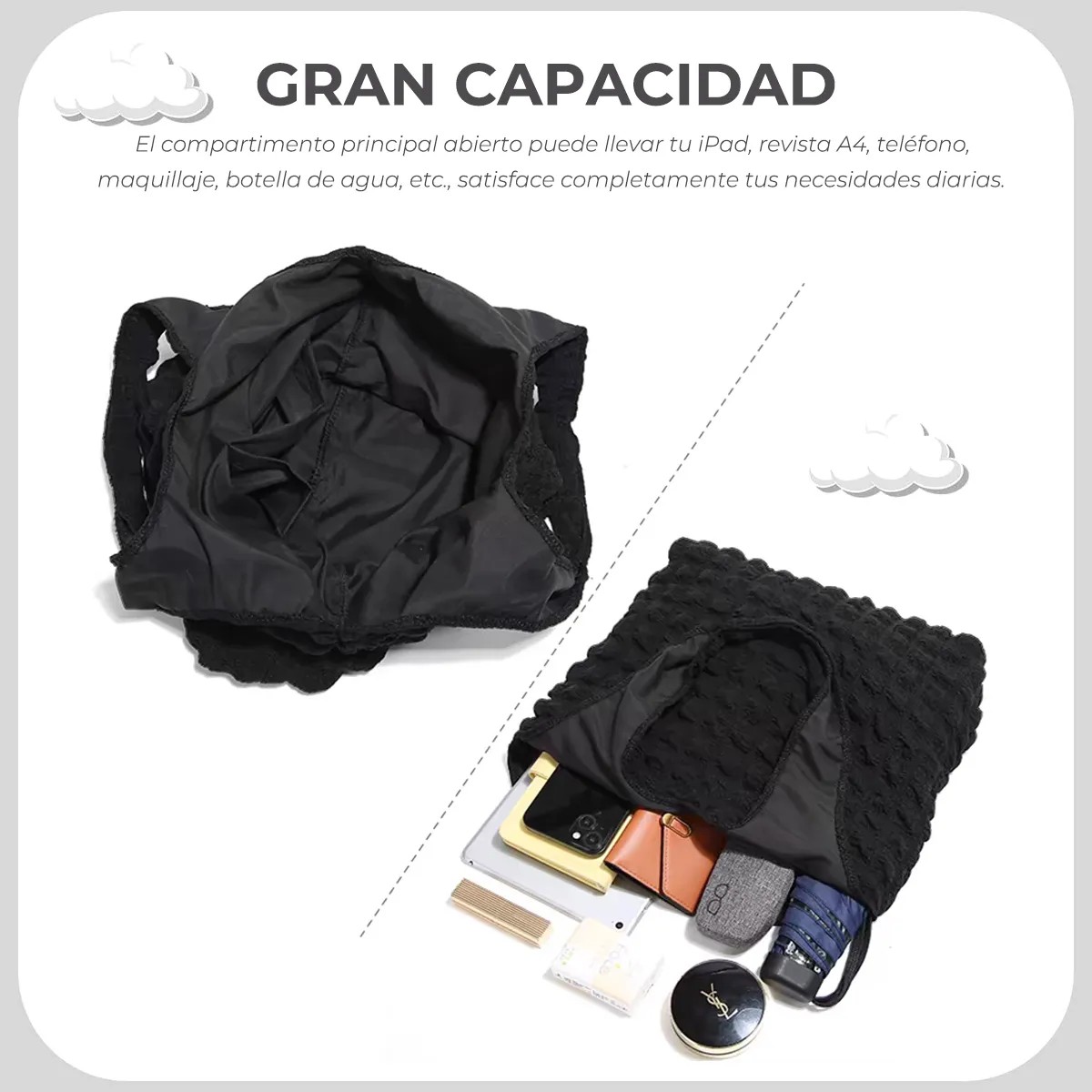 Bolso Hombro Bolsa Tote Mano Mujer Acolchada Cloud Burbujas image number null