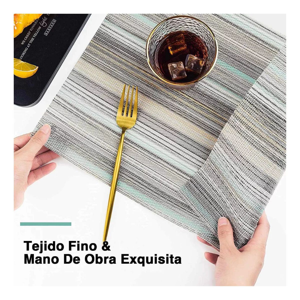 8pcs Juego De Manteles Individuales Antideslizante A Rayas Azul claro image number null