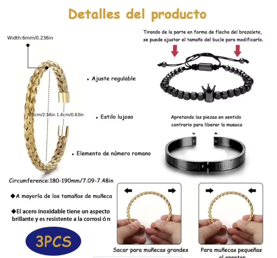 Set 3 Pulseras De Corona Acero Lujo Romano Brazalete Inox Modelo Negro image number null