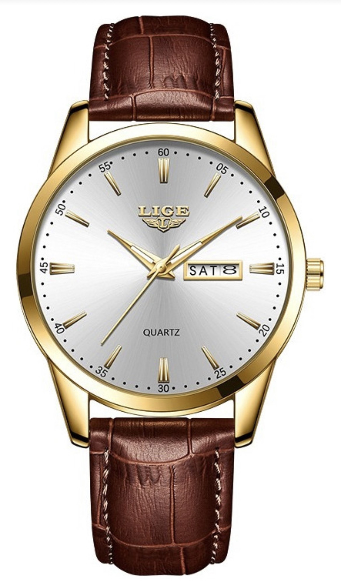 Reloj De Cuarzo Hombre Lige LG8970 Pulsera De Cuero Correa Marr&oacute;n Bisel Dorado Fondo Blanco Quartz 3 ATM 22mm Anchura Wristwatch image number null