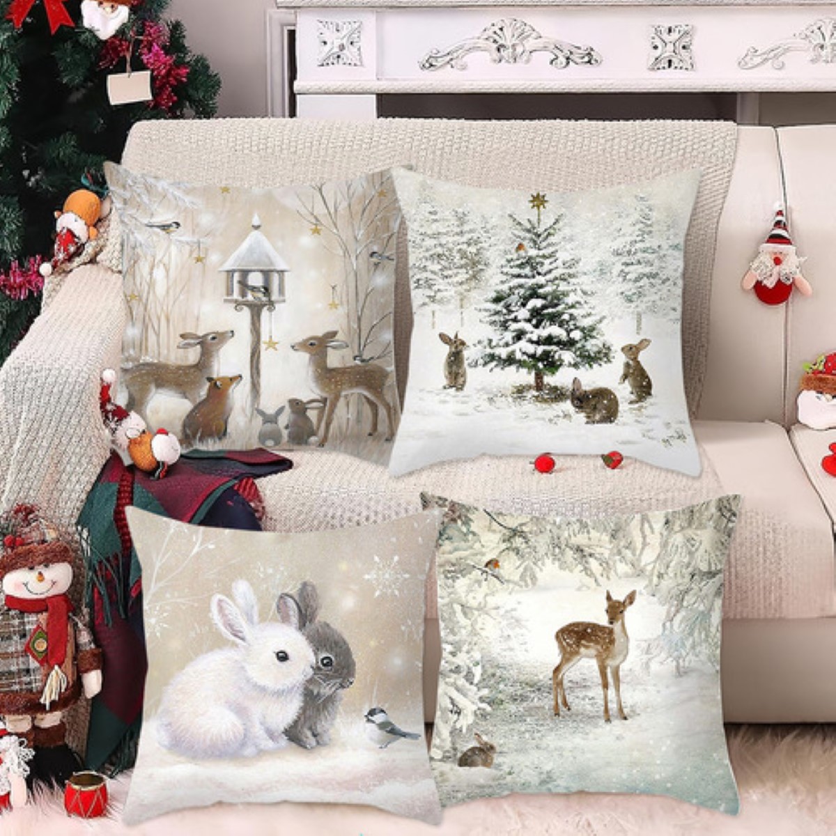 4 Pzs Funda Coj&iacute;n Navidad Decoraci&oacute;n Hogar Regalos Navidad blanco animales image number null