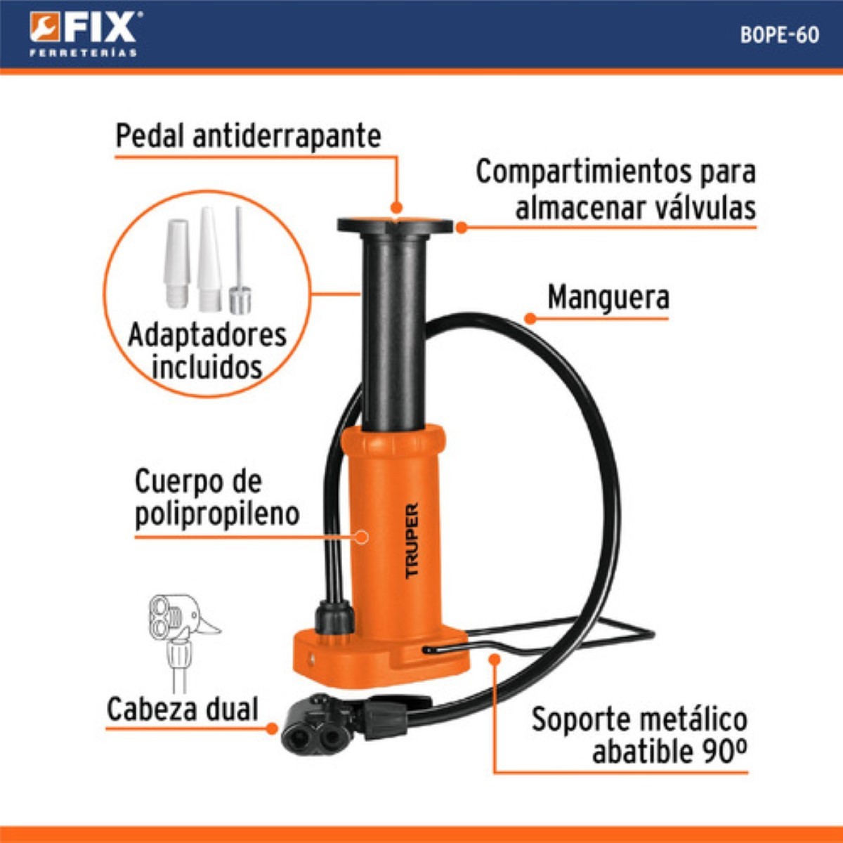 Bomba Para Inflar Balones Llantas De Pedal C/valvulas Naranja image number null