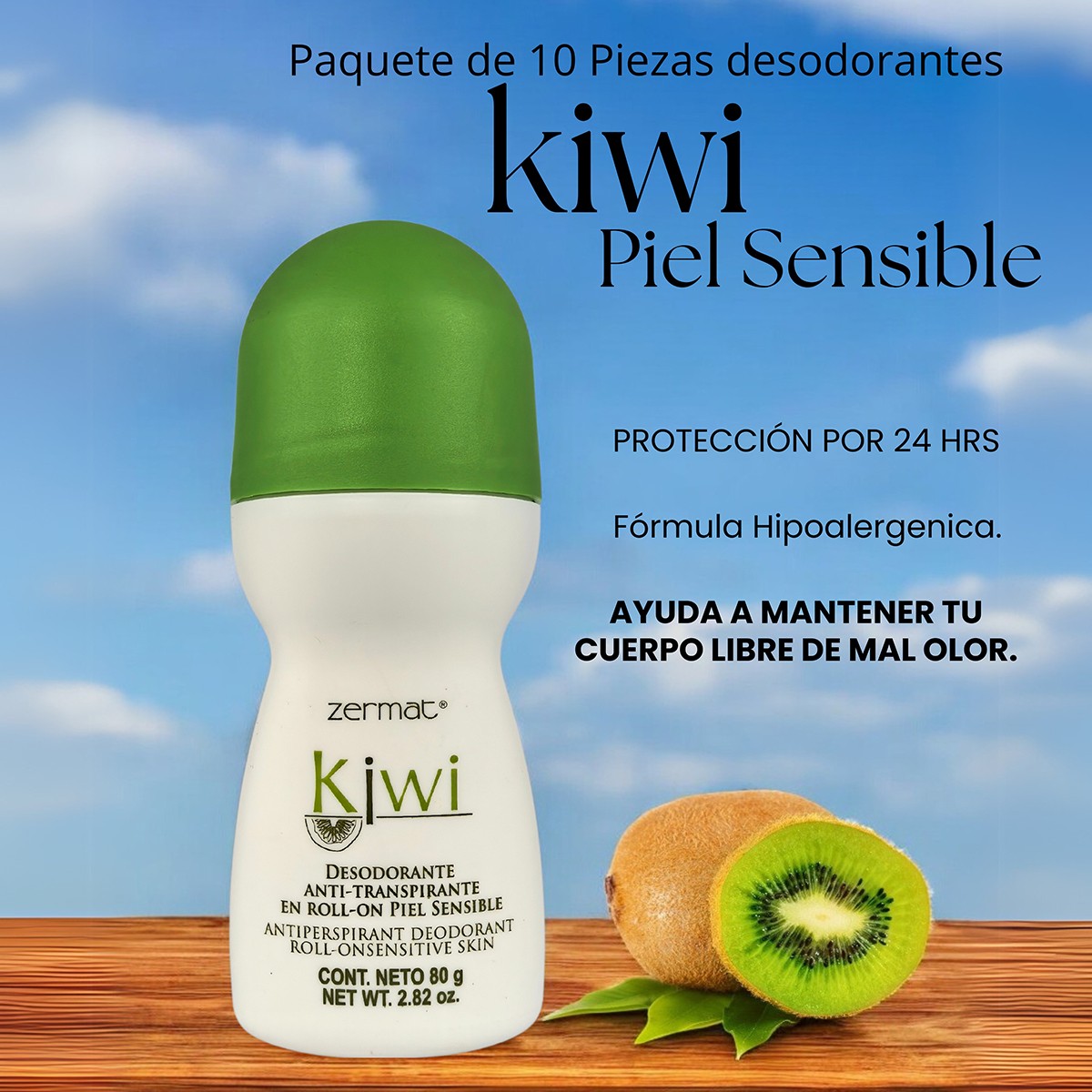 Paquete 10 desodorantes Zermat kiwi piel sensible roll on image number null