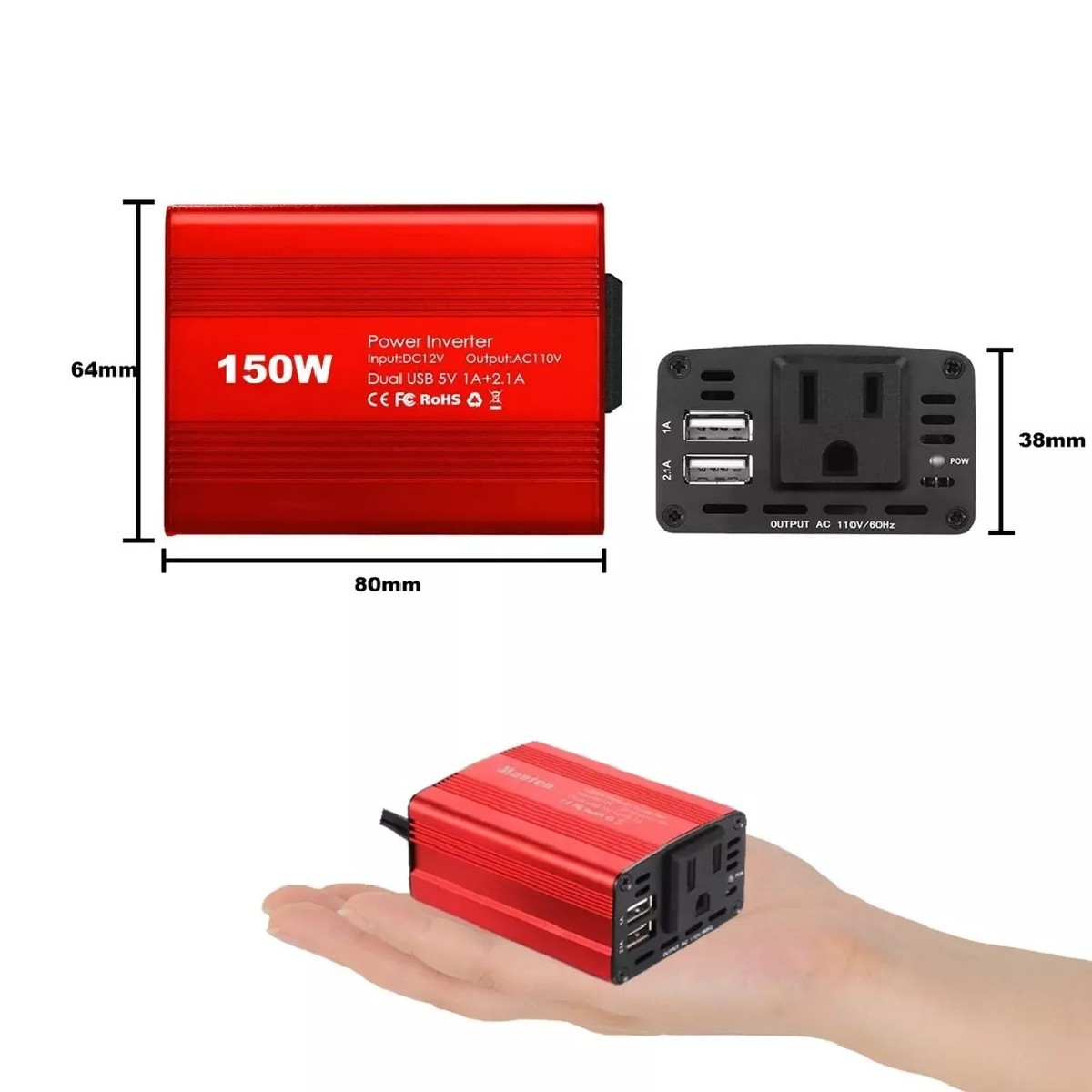 Inversor De Corriente Para Auto 150w, 12v-110v image number null