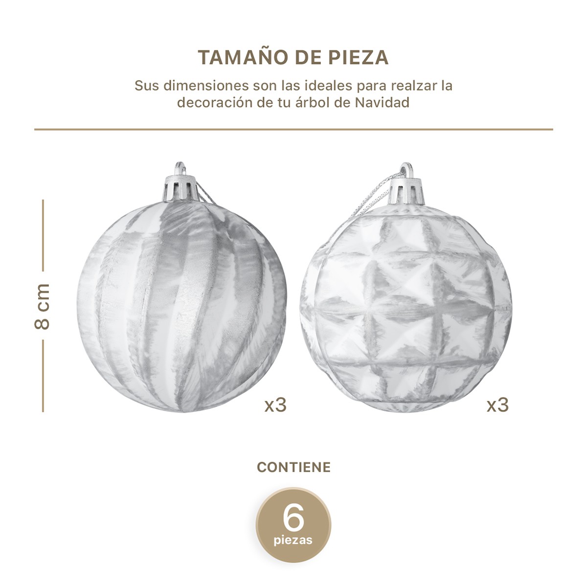 Set con 6 Esferas Decoraci&oacute;n Navide&ntilde;a 8 cm Adornos para &Aacute;rbol de Navidad (Blanca - Plateado) ESQUIMAL. image number null