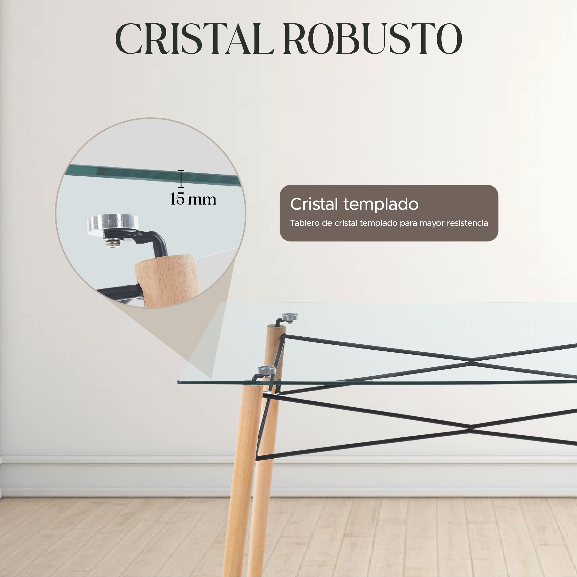 Mesa de Centro Elly Decor Rectangular Cristal Templado 15 Mm 4 Patas de Madera image number null