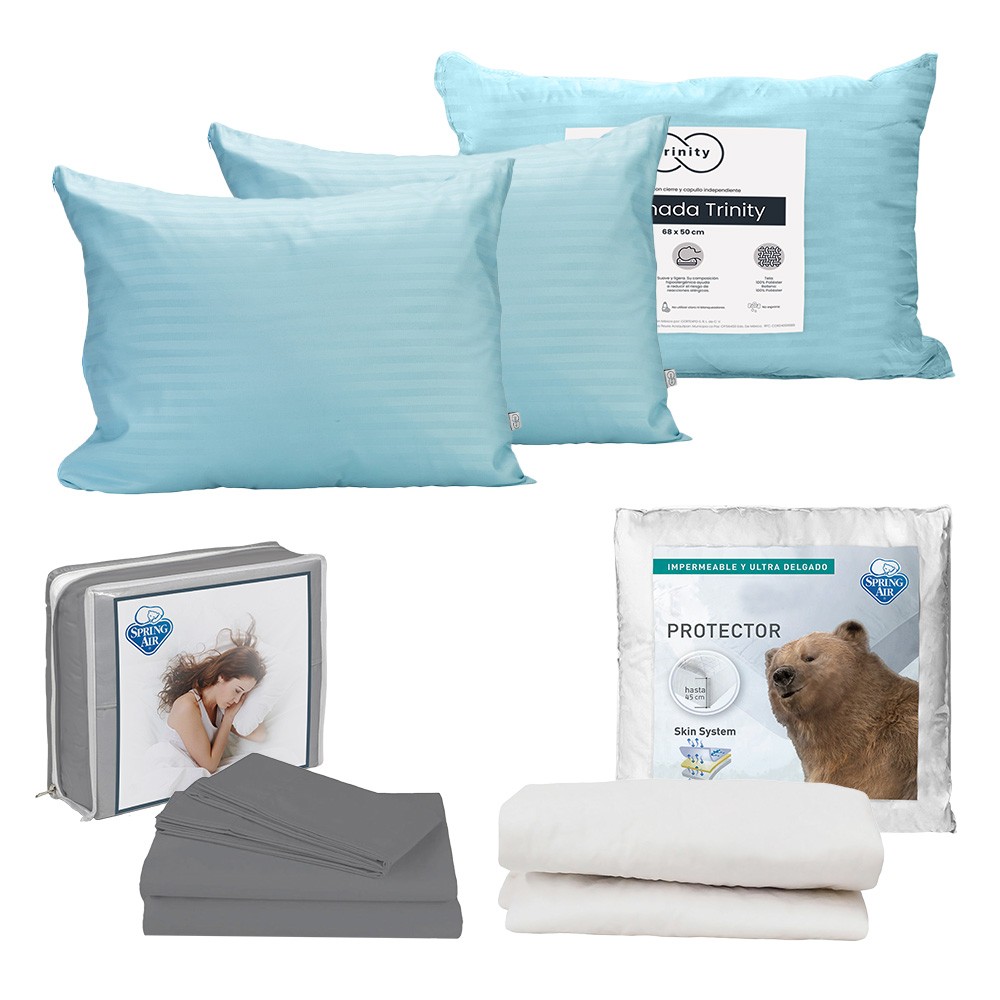 Protector de Colch&oacute;n UltraSoft Spring Air Queen Size + S&aacute;banas Basic Grey + Almohada Trinity image number null