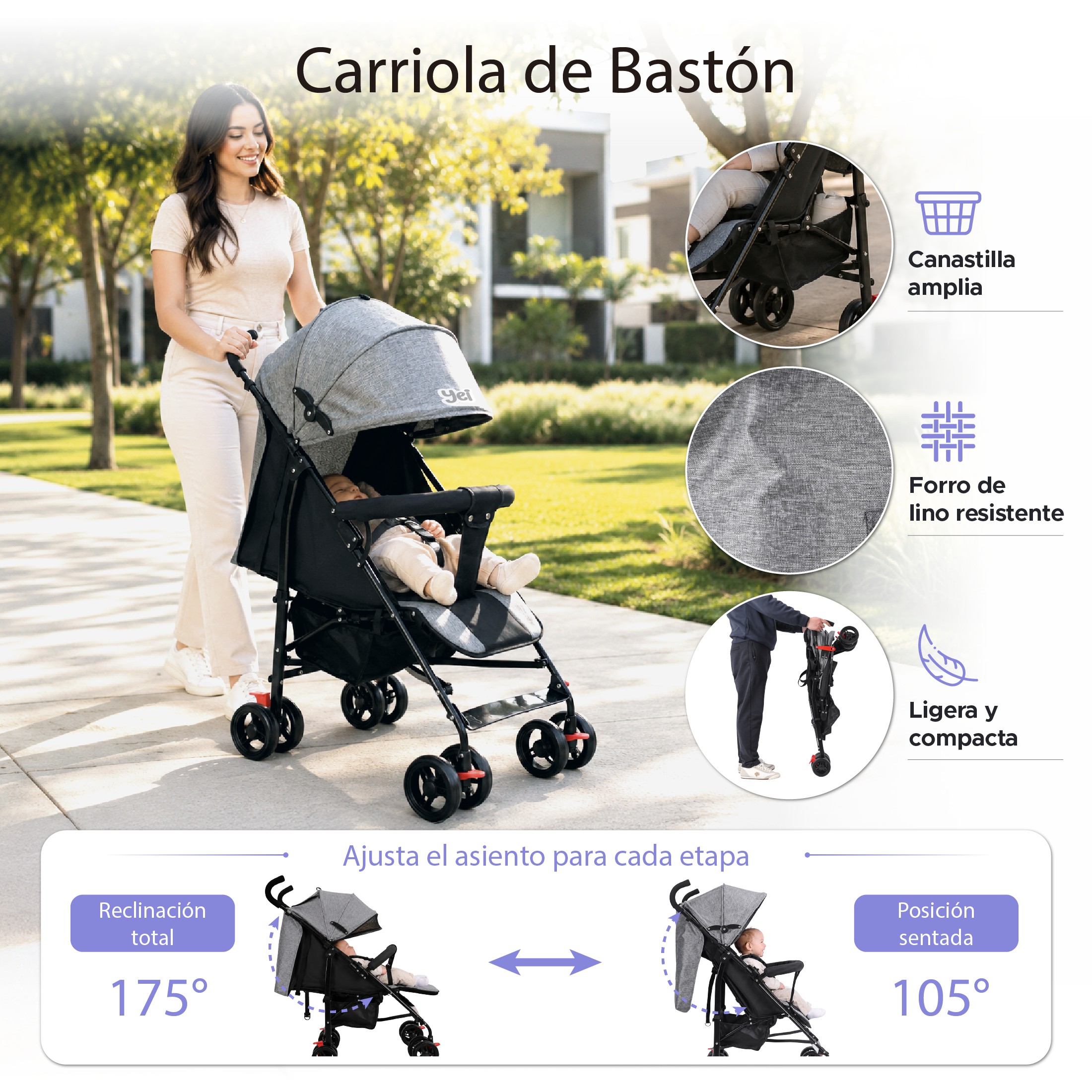 Carriola YEI Gris Bast&oacute;n con Asiento Reclinable Reposapi&eacute;s Ajustable y Dise&ntilde;o Plegable image number null