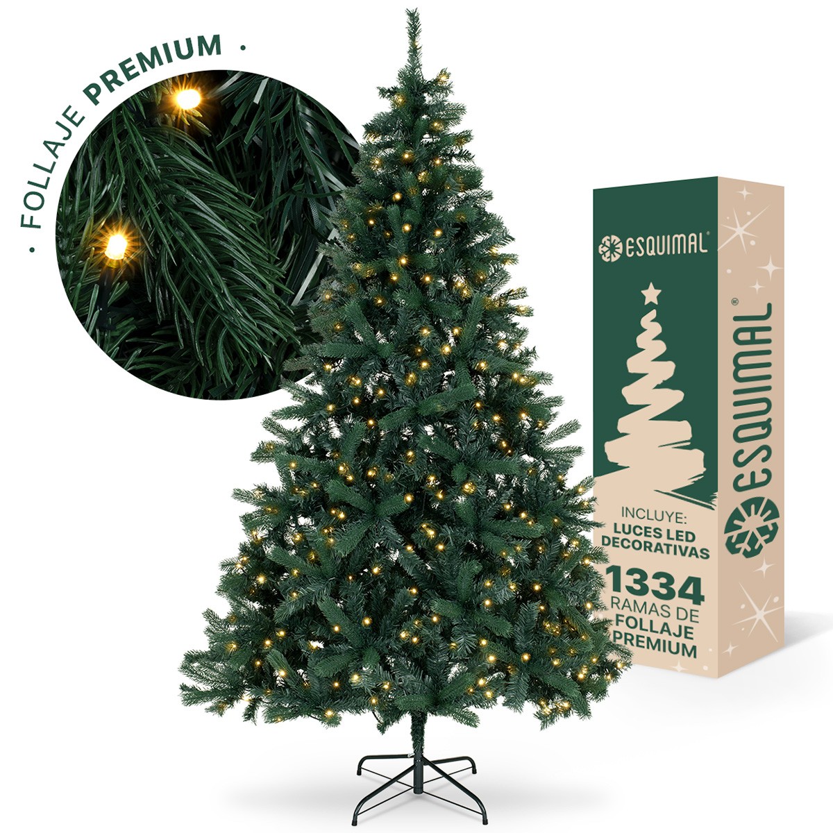 &Aacute;rbol de Navidad con Luz Led Pino Navide&ntilde;o 2.2m 1334 Ramas Preiluminado - Verde Oscuro para ESQUIMAL image number null