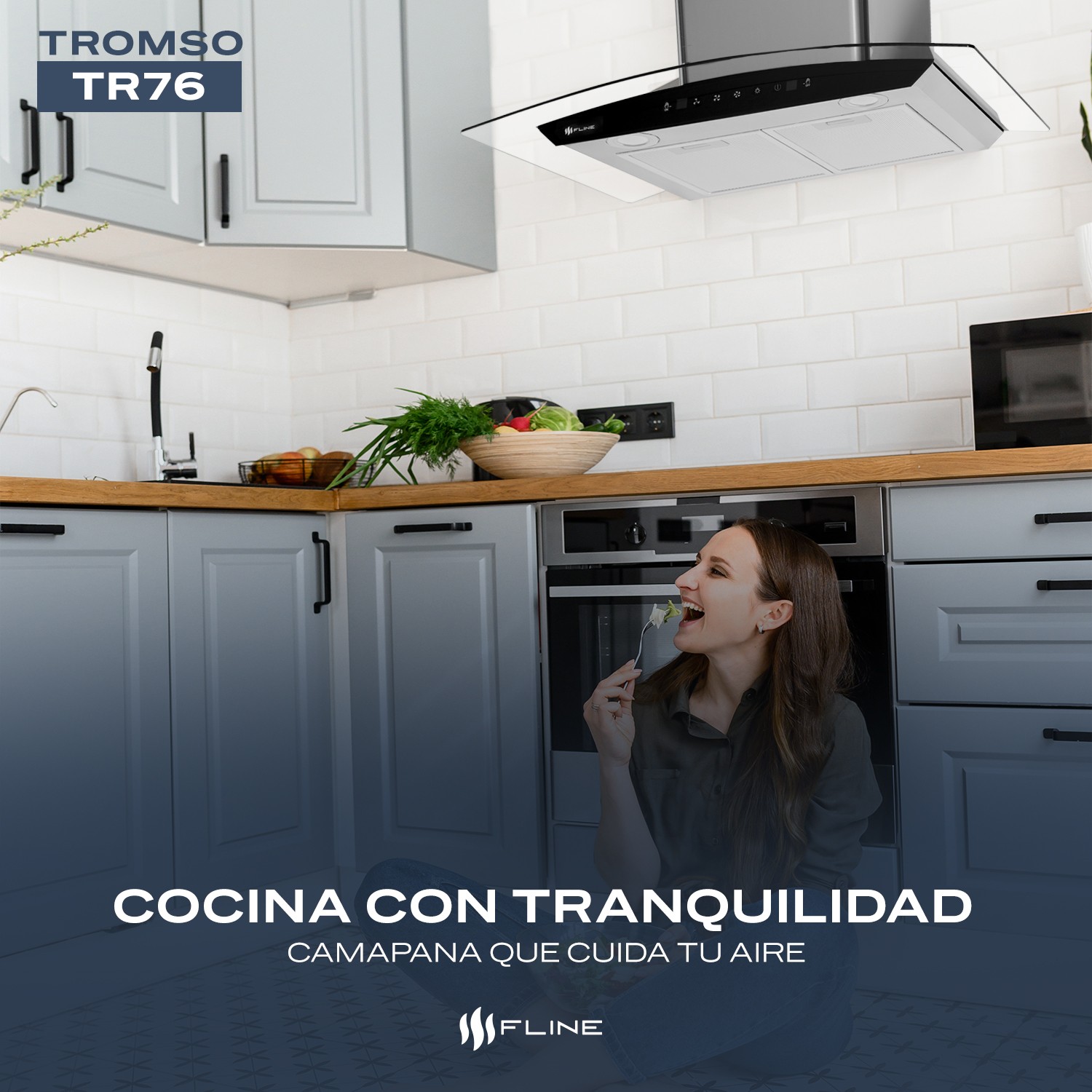 FLINE | Campana de cocina 76 cm | DE PARED | Controls Touch | extractora | cristal curvo y acero Inoxidable | 3 velocidades | Tromso 76 image number null