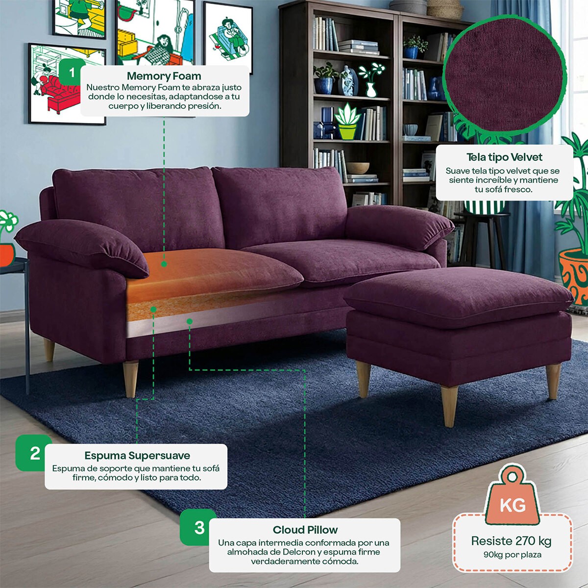 Sof&aacute; Cama Reclinable 3 Posiciones Makora Remmy Morado con Memory Foam y Taburete image number null