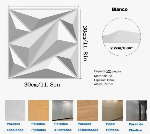 Panel Decorativo Pared 3d Pvc Resistente Al Fuego 30cmx30cm 20 Piezas Color Blanco image number null