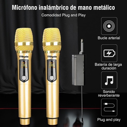 Universal Micr&oacute;fono Inal&aacute;mbrico Profesional Karaoke Kit 2pcs dorado. image number null