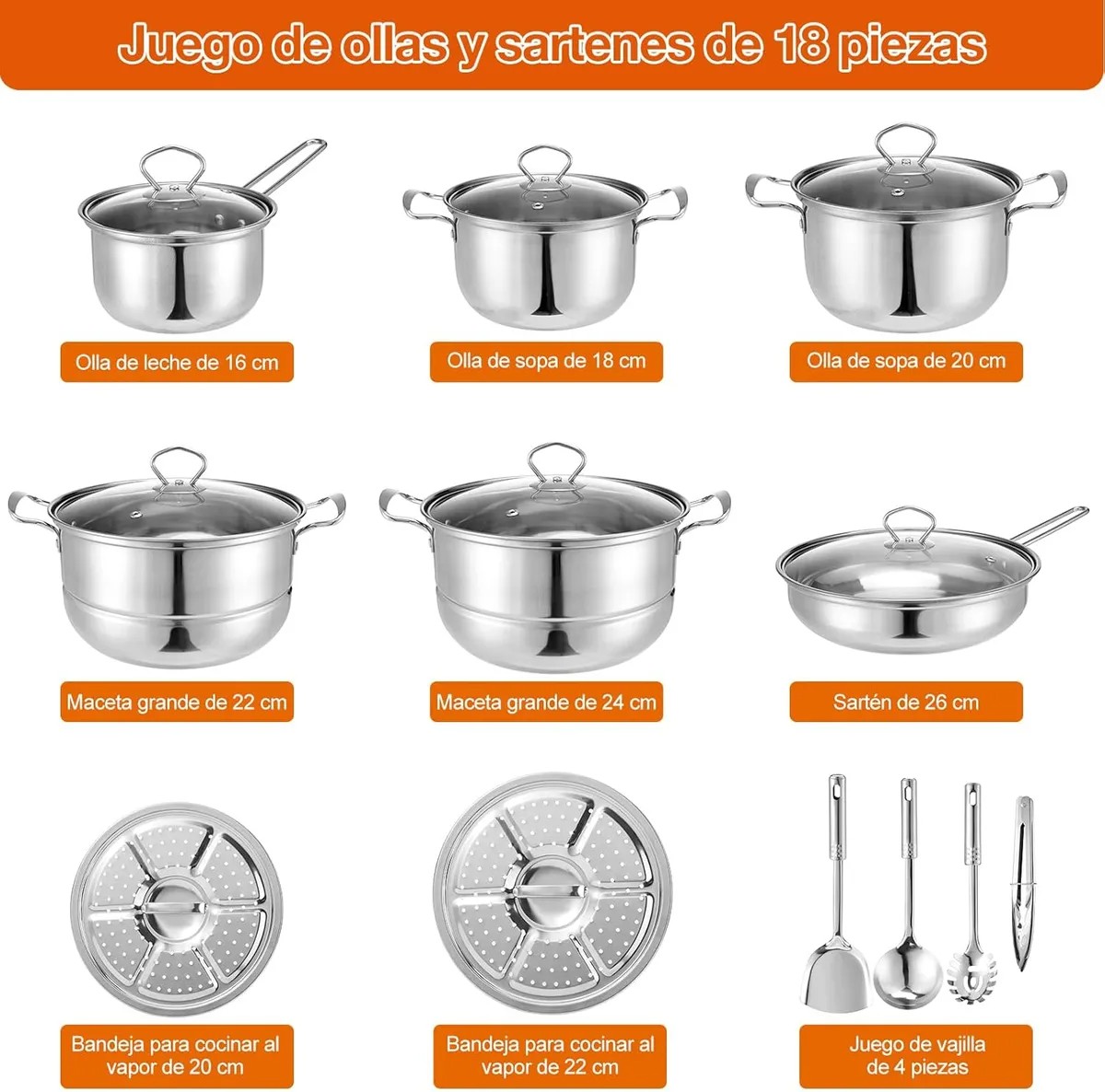 18pcs Completa Bateria De Cocina Antiadherente Inoxidable image number null