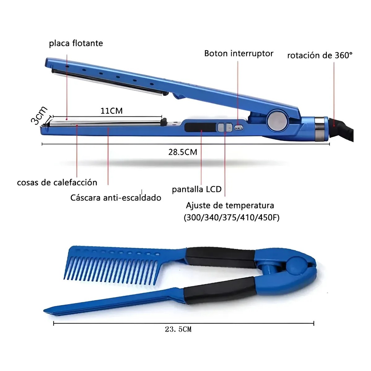 Kit 3 En 1 Plancha Titanio Artefactos Para El Cabello Plancha 450&deg; Azul image number null