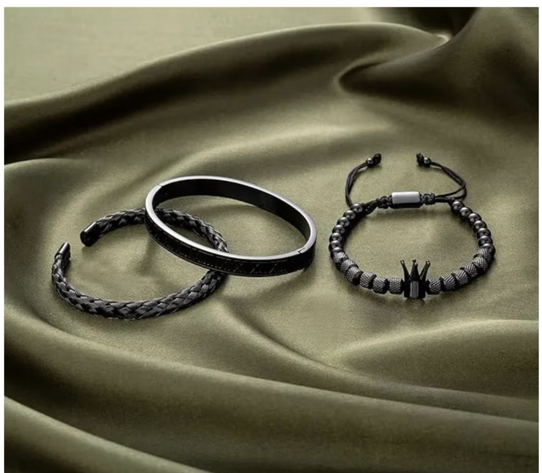 Set 3 Pulseras De Corona Acero Lujo Romano Brazalete Inox Modelo Negro image number null