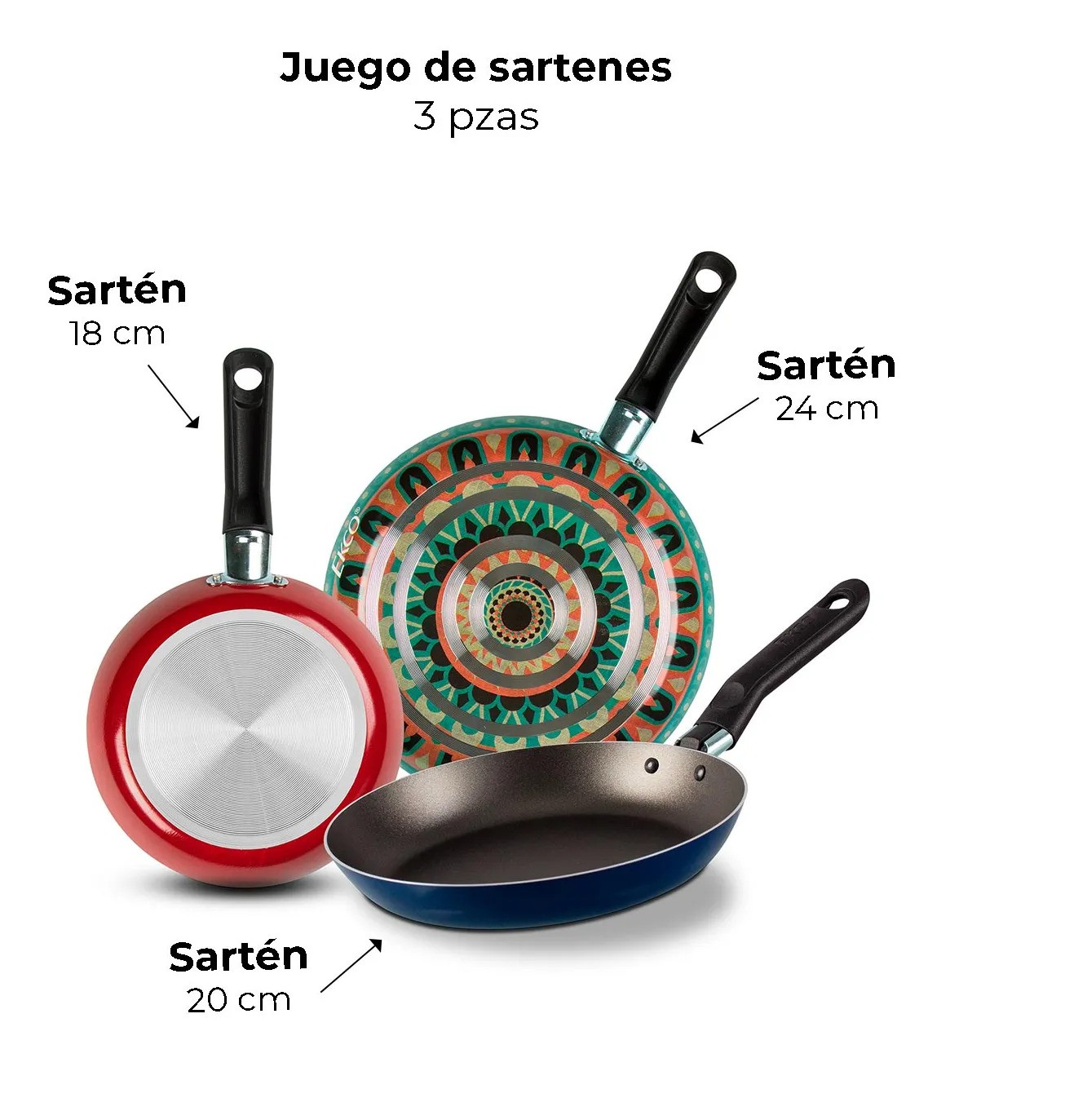 Pack X3 Sartenes Multicolor De Aluminio Rojo-Azul image number null