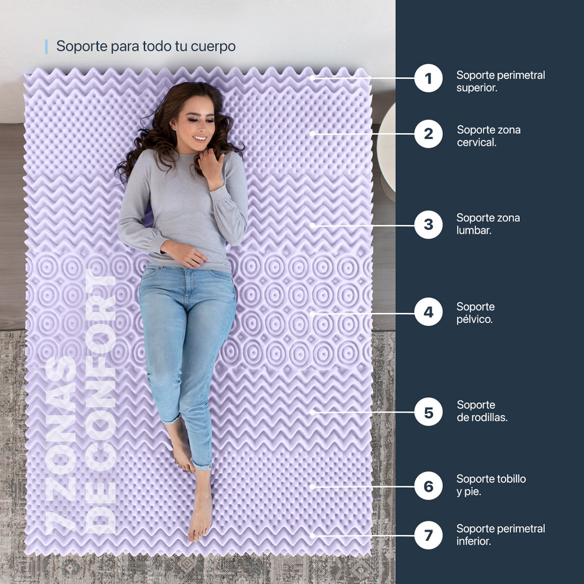 Colchoneta Individual de Memory Foam Cubre Colch&oacute;n Topper con 7 Zonas de Confort Sobrecolch&oacute;n Lavanda (5 cm). ESQUIMAL. image number null