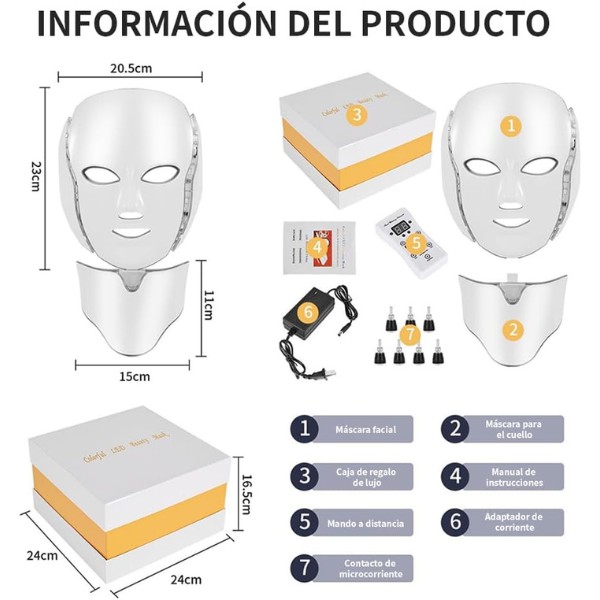 Mascara LED Facial y Cuello 7 Colores Con Control Remoto Rejuvenecedora Terapia de Luz para Arrugas Acn&eacute; y Manchas image number null