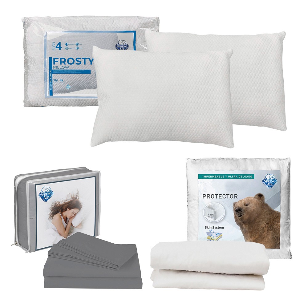 Protector de Colch&oacute;n UltraSoft Spring Air King Size + S&aacute;banas Basic Grey + 2 Almohadas Frosty image number null