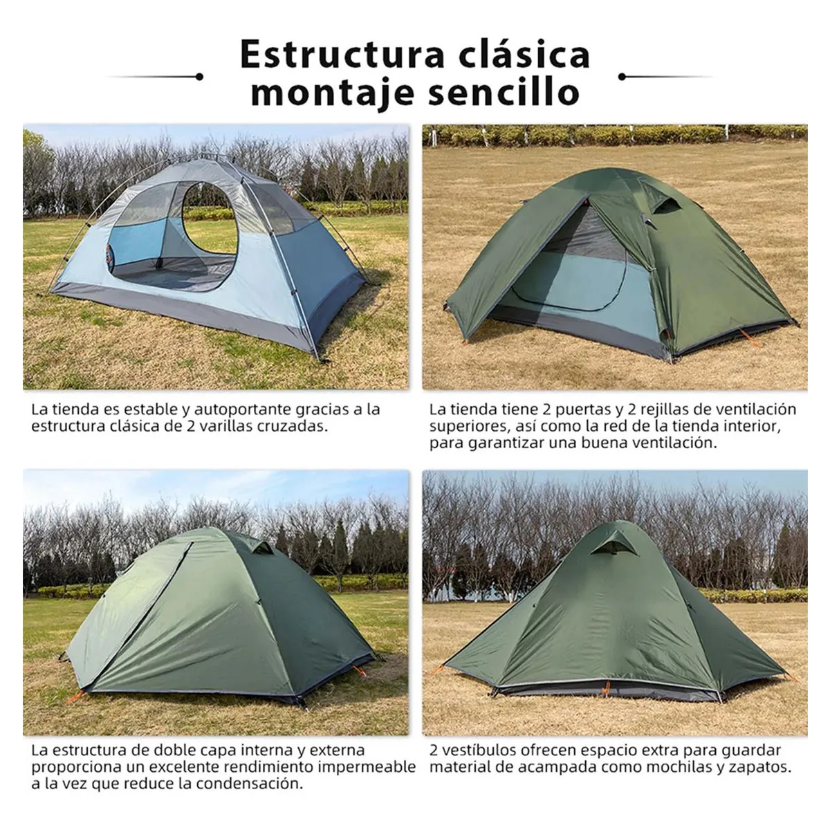 Tienda de Campa&ntilde;a Impermeable para 2 Personas Color Verde Oscuro image number null