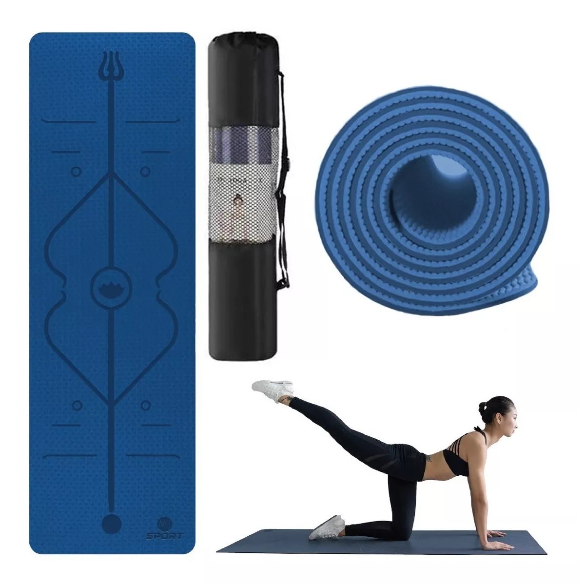 Tapete Antideslizante De Yoga Mat Tpe Con L&iacute;neas De Gu&iacute;a Color Azul image number null