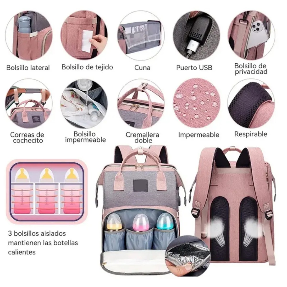 Mochila Pa&ntilde;alera Multifuncional Con Mosquitero Y Colchon Rosa image number null