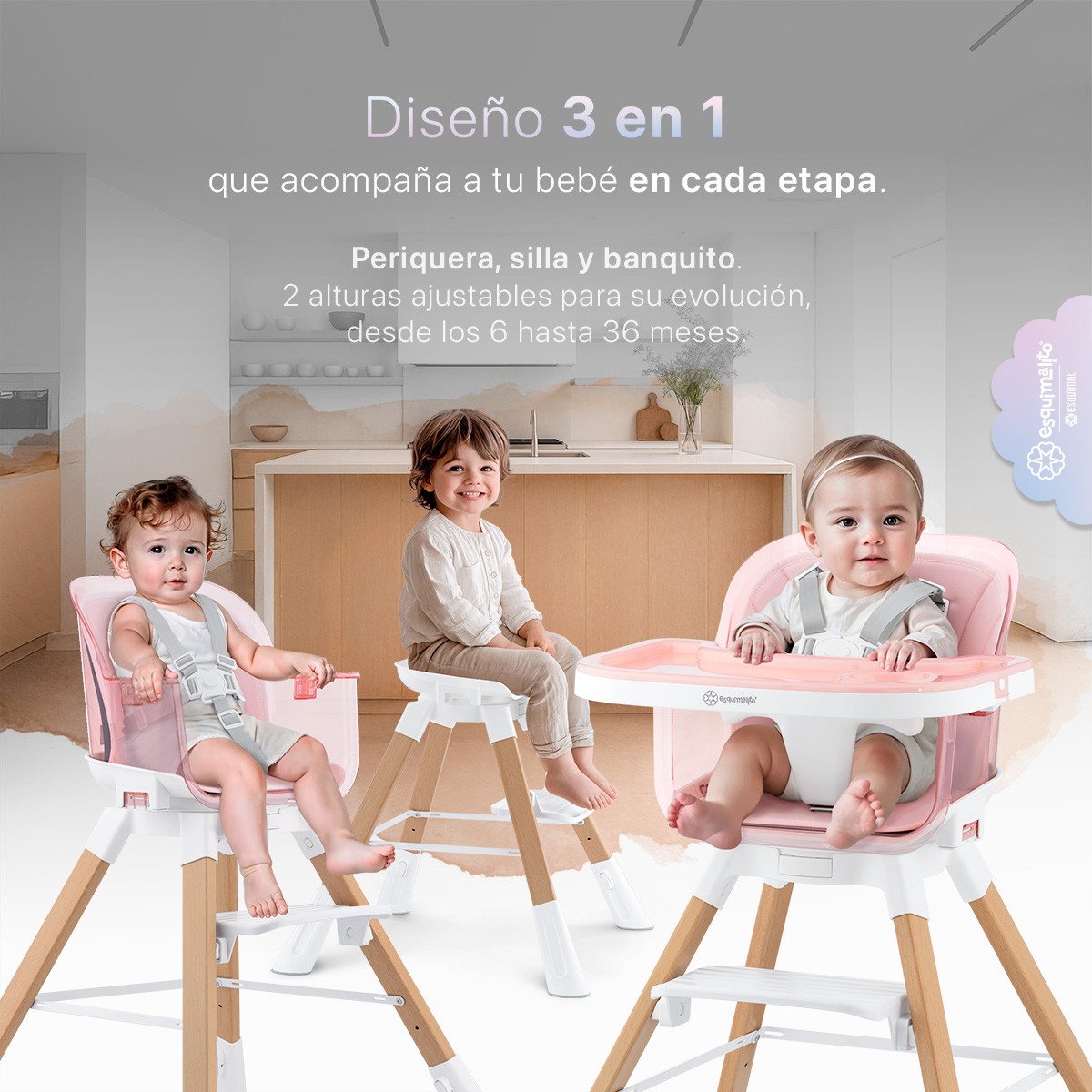 Periquera para Beb&eacute; 3 en 1, Silla Alta con Charola Desmontable, Asiento 360&deg;, Altura Ajustable, Color Rosa Esquimal image number null