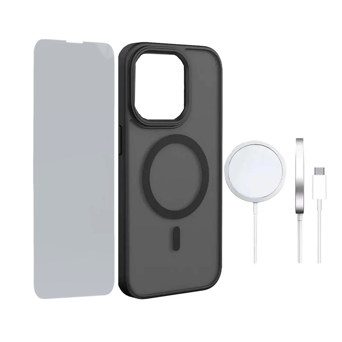 Funda Magsafe Para iPhone 13 Pro Max + Cargador Inal&aacute;mbrico 15w + Mica De Vidrio Negro image number null