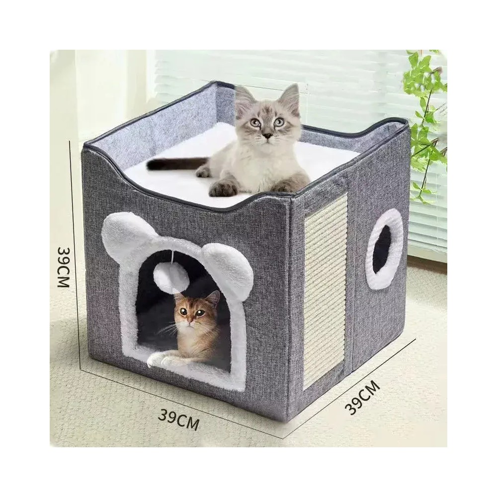 Casa Y Cama Plegable Para Gato Con Coj&iacute;n Suave bola De Pelo GRIS BLANCO image number null